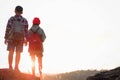 Kids hiking with backpacks, Relax time on holiday concept travel Royalty Free Stock Photo