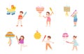 Kids hitting pinata. Children striking pinatas with confetti and candies. Childish birthday party games, funny girl and Royalty Free Stock Photo