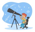 Kids hobby and cute boy astronomer with telescope Royalty Free Stock Photo