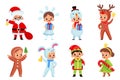 Kids hold christmas gifts. Smiling boys and girls in new year holiday costumes with different presents and xmas elements
