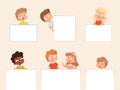 Kids holding banner. Empty posters or frames for text blank banner with happy smiling children vector portraits of kids