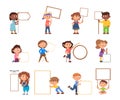 Kids holding banners. Kid hold signs, students with placards. Cute cartoon children and direction arrow, characters with Royalty Free Stock Photo