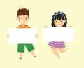 Kids holding banners. Vector boy and girl with empty banner, illustration cartoon school kid and board for text Royalty Free Stock Photo