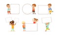 Kids Holding Blank Banners Collection, Adorable Boys and Girls with Empty White Posters Vector Illustration
