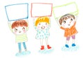 Kids holding blank board ,oil pastel drawing illustration