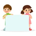 Kids holding empty blank board with space for text vector illustration.
