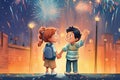 kids holding hands in awe of the fireworks