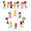 Kids holding hands. Happy multicultural cute preschool children lead round dance together, girls and boys form chain and