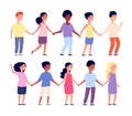 Kids holding hands. Multicultural people, cartoon children friends together. Happy face, isolated kindergarten group Royalty Free Stock Photo
