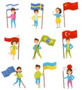 Kids holding national flags of different countries, design elements for Independence Day, Flag Day vector Illustrations