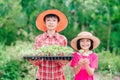 Kids holding seeding plants to planting tree on blurred green nature background