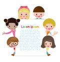 Kids holding sign, children peeping behind placard, happy children, Cute little kids on white background,Vector Illustration.