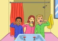 Kids holding toothbrush in bathroom illustration