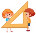 Kids holding wooden triangle protractor