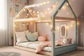 Kids\' House Floor Bed Frame Adorned with Fairy Lights and Soft Pastels. Generative AI