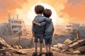 Kids hugging, city destruction on background. Peace after Conflict between Israel and the Palestinian AI Generated