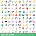 100 kids icons set, isometric 3d style