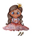 Childrens illustration. A cute little princess is a fashionista girl in a long skirt and with lipstick in her hands. A