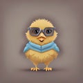 Kids illustration. Isolated yellow cartoon like chicken wearing glasses and cape on light grey background.