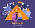 Kids with imaginary friends. Girl in children tent and cute happy monsters. Fabulous creatures. Fantasies and play in