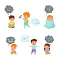 Kids imagination and fantasy. Adorable little boys and girls having pleasant and scary thoughts cartoon vector