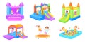 Kids inflatable playgrounds. Children play balls in rubber pool, jumping on trampoline bouncy slide outside air castle