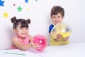 Kids inflates a big bubble from slime. Royalty Free Stock Photo