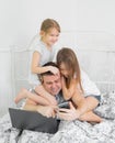 Kids interfere daddy freelancer in isolation. Royalty Free Stock Photo