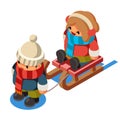 Kids isometric boy sledding girl sleigh winter flat design vector illustration Royalty Free Stock Photo