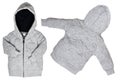 Kids jacket isolated. Closeup of a trendy gray hoodie jacket or cardigan for boy isolated on a white background. Front and back