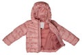 Kids jacket isolated. A stylish cosy warm pink down jacket for kids isolated on a white background. Sporty childrens fashion for