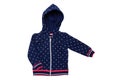 Kids jacket isolated. A stylish fashionable dark blue jacket with white dots and blue lining for the little girl. A sport jacket