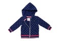 Kids jacket isolated. A stylish fashionable dark blue jacket with white dots and blue lining for the little girl. A sport jacket