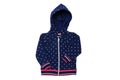 Kids jacket isolated. A stylish fashionable dark blue jacket with white dots and blue lining for the little girl. A sport jacket