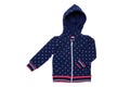 Kids jacket isolated. A stylish fashionable dark blue jacket with white dots and blue lining for the little girl. A sport jacket