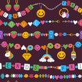 Kids jewelry pattern. Plastic fashioned beads 90s style colored elements recent vector cartoon set Royalty Free Stock Photo