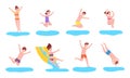 Kids jump in water. Happy children jumping splash pool, swimming play diving sea bath action child sun fun party boy Royalty Free Stock Photo