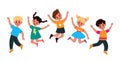 Kids jumping. Happy smiling children play and jump together, adorable active boys and girls group celebrate event