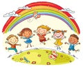 Kids Jumping with Joy under Rainbow