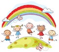 Kids jumping with joy underneath a rainbow Royalty Free Stock Photo