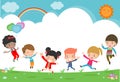 Kids jumping on the playground, children jump with joy, happy cartoon child playing on background Royalty Free Stock Photo