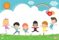 Kids jumping on the playground, children jump with joy, happy cartoon child playing on background