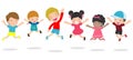 Kids jumping on the playground, children jump with joy, happy cartoon child playing on background Royalty Free Stock Photo