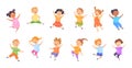 Kids jumping poses. Cute cartoon children jump pose, funny dance hands-up child different actions kid behaviour on