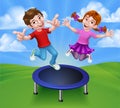 Kids Jumping On A Round Cartoon Trampoline Royalty Free Stock Photo
