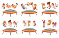 Kids Jumping on Trampoline Bouncing and Having Fun Vector Set