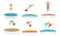 Kids Jumping on Trampoline Vector Illustrations Set. Sportive Kids Exercise and Entertainment