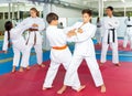 Kids in kimonos exercising techniques in pair during taekwondo class at gym closeup