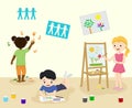 Kids in kindergarden draw and paint in art class vector illustration. Pre-school children painting and drawing pictures