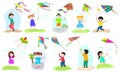 Kids kite vector child character boy and girl playing childly kiteflying activity illustration set of children with Royalty Free Stock Photo